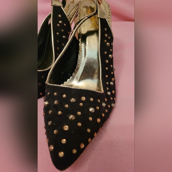 Ladies Alba Size 10 strappy black and gold studded stilettos heels - Picture 7 of 11